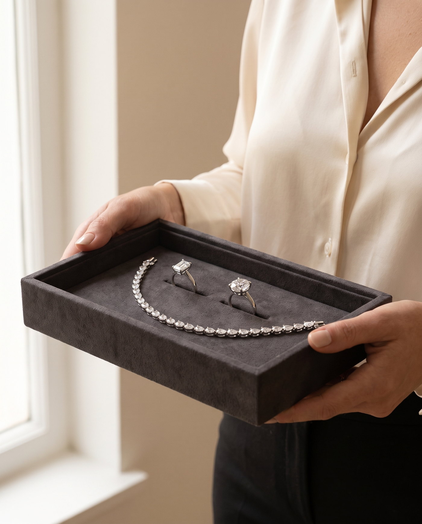 Consultora apresenta bandeja com dois anéis e uma pulseira de diamantes