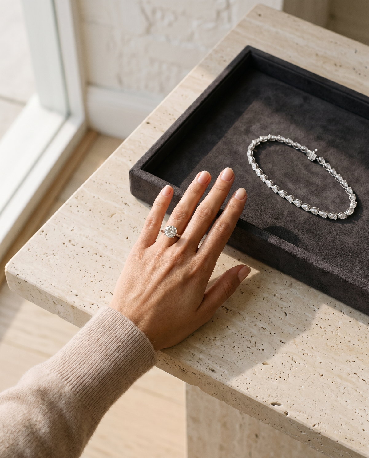 Mão com anel solitário ao lado de uma bandeja com pulseira de diamantes